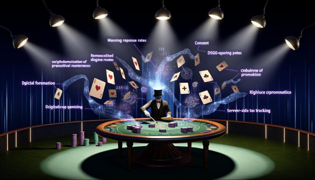 Illustration eines verzweifelten digitalen Magiers im Casino, umgeben von Diagrammen, Fragezeichen und Karten mit Aufschriften wie Consent, DSGVO und Server-Side Tracking inmitten chaotischer Datenlinien.