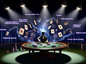 Illustration eines verzweifelten digitalen Magiers im Casino, umgeben von Diagrammen, Fragezeichen und Karten mit Aufschriften wie Consent, DSGVO und Server-Side Tracking inmitten chaotischer Datenlinien.