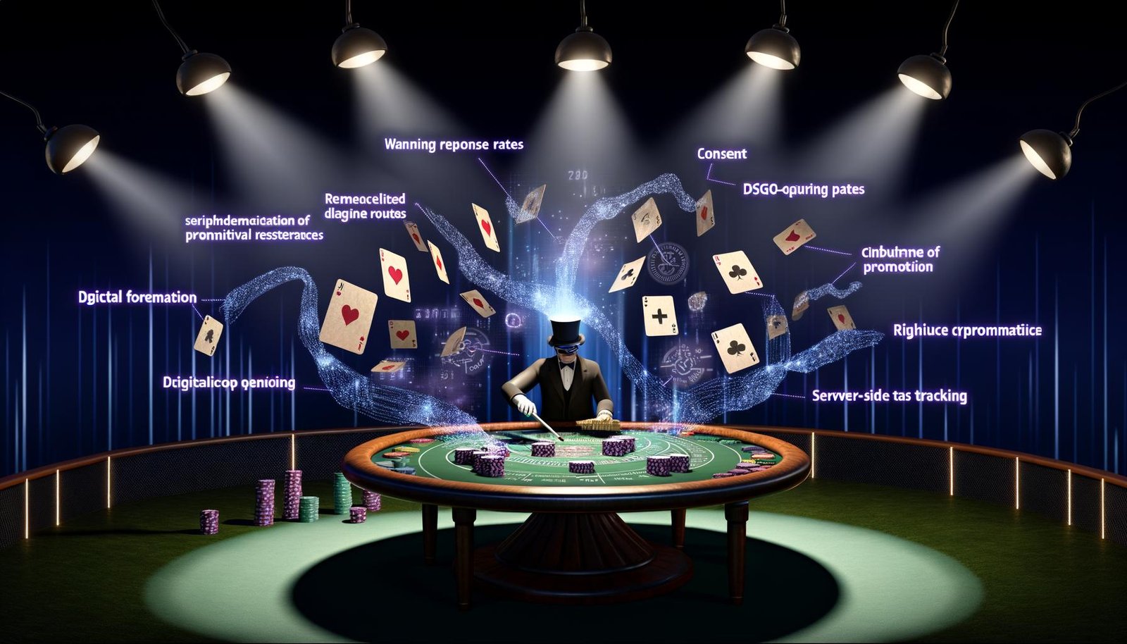 Illustration eines verzweifelten digitalen Magiers im Casino, umgeben von Diagrammen, Fragezeichen und Karten mit Aufschriften wie Consent, DSGVO und Server-Side Tracking inmitten chaotischer Datenlinien.
