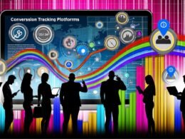 Abstrakte, digital verknüpfte Dashboards mit Statistiken, von diversen Geschäftsleuten betrachtet. Geräte sind durch bunte Datenströme verbunden, Icons für Werbung, Consent Management und Datenschutz dezent integriert. Dynamisches Titelbild einer Conversion Tracking Plattform.