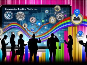Abstrakte, digital verknüpfte Dashboards mit Statistiken, von diversen Geschäftsleuten betrachtet. Geräte sind durch bunte Datenströme verbunden, Icons für Werbung, Consent Management und Datenschutz dezent integriert. Dynamisches Titelbild einer Conversion Tracking Plattform.