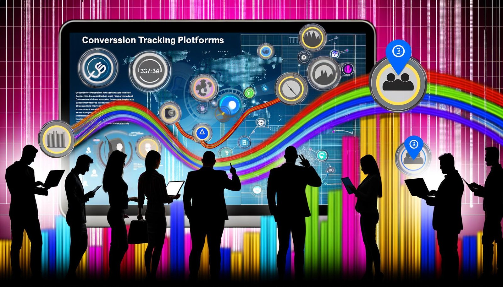 Abstrakte, digital verknüpfte Dashboards mit Statistiken, von diversen Geschäftsleuten betrachtet. Geräte sind durch bunte Datenströme verbunden, Icons für Werbung, Consent Management und Datenschutz dezent integriert. Dynamisches Titelbild einer Conversion Tracking Plattform.