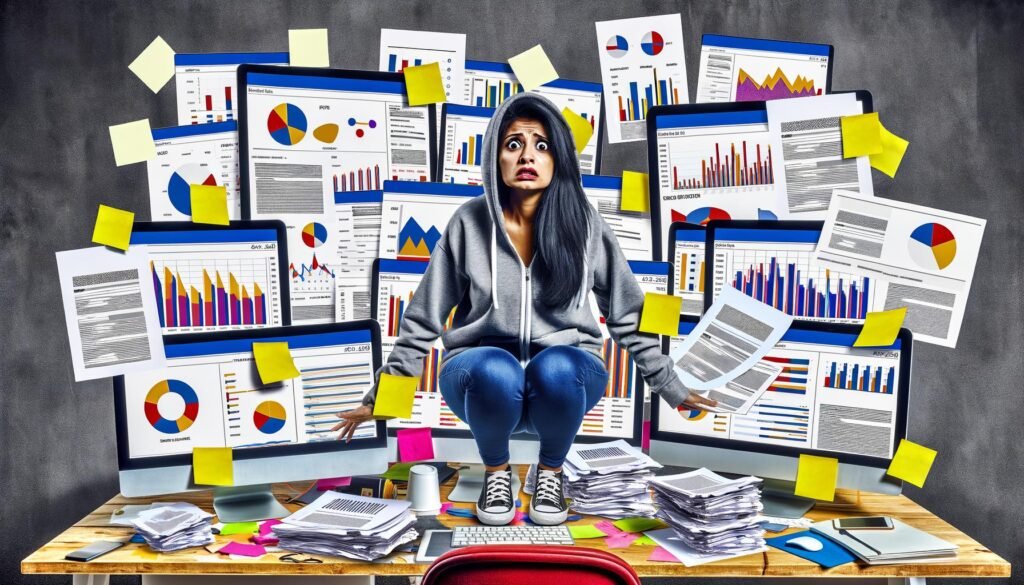 Marketer im Hoodie vor chaotischen Dashboards mit KPIs, Berichten und farbenfrohen Diagrammen in moderner Arbeitsumgebung, Ausdruck von Überforderung und Datenchaos.