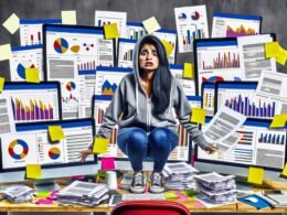 Marketer im Hoodie vor chaotischen Dashboards mit KPIs, Berichten und farbenfrohen Diagrammen in moderner Arbeitsumgebung, Ausdruck von Überforderung und Datenchaos.