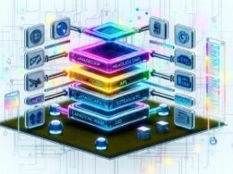 Konzeptionelle Illustration der Jamstack-SEO-Architektur mit modularen Webblöcken, verknüpften technischen Komponenten und schwebenden SEO-Elementen auf einem futuristischen, technischen Hintergrund.