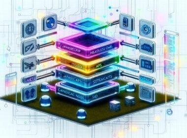 Konzeptionelle Illustration der Jamstack-SEO-Architektur mit modularen Webblöcken, verknüpften technischen Komponenten und schwebenden SEO-Elementen auf einem futuristischen, technischen Hintergrund.