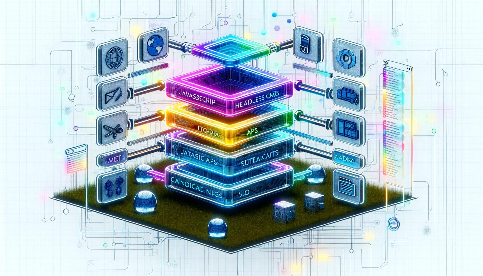 Konzeptionelle Illustration der Jamstack-SEO-Architektur mit modularen Webblöcken, verknüpften technischen Komponenten und schwebenden SEO-Elementen auf einem futuristischen, technischen Hintergrund.