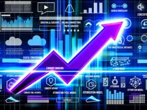 Dynamisches Titelbild mit digital aufsteigendem Conversion-Chart, abstrahierten Dashboards, Zahlen, Datenpunkten, Consent-Fenstern, Tracking-Pixel-Grafiken, Attributionsmodellen und Server-Cloud-Symbolen auf modernem, blauen Hintergrund.