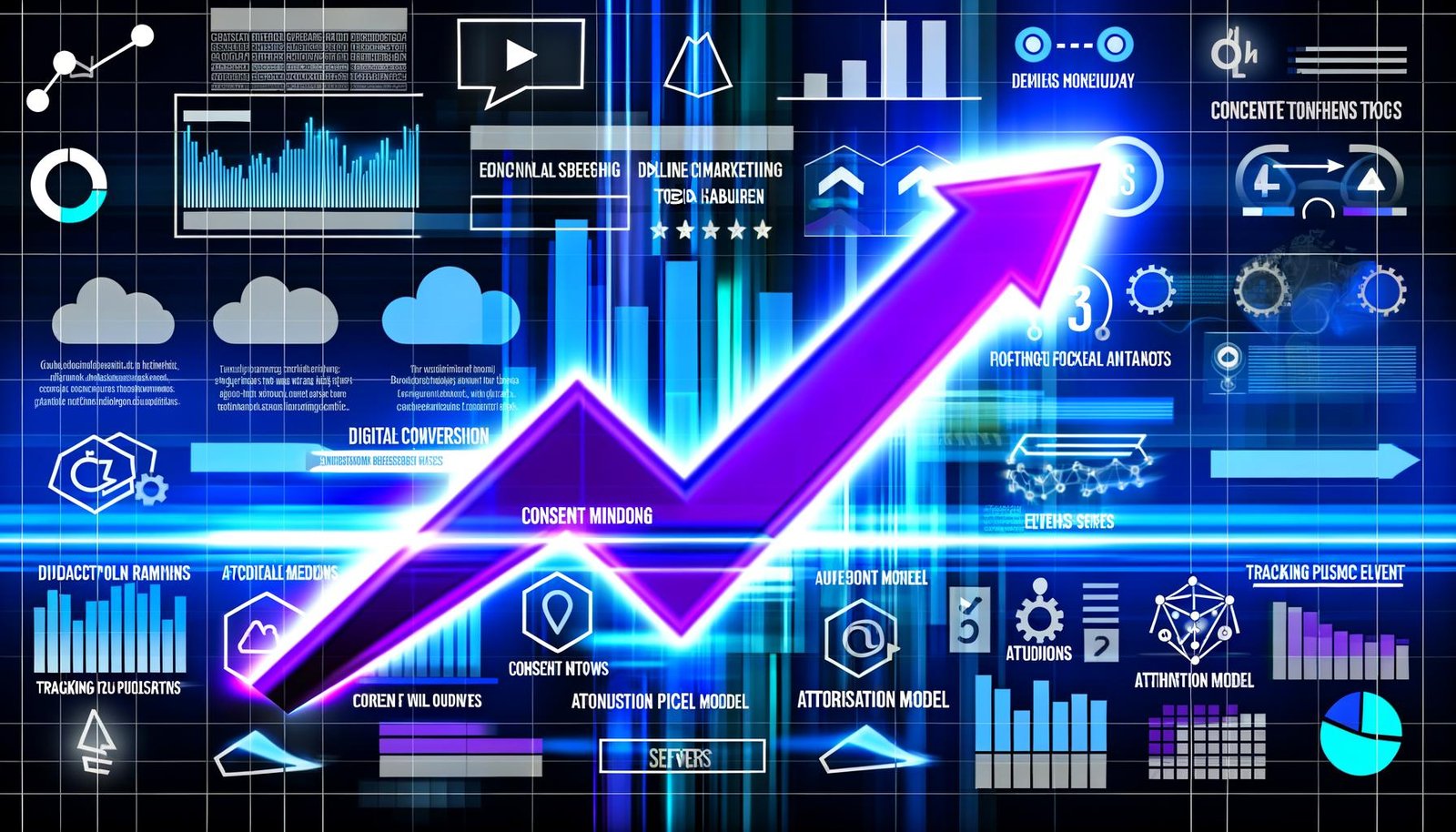 Dynamisches Titelbild mit digital aufsteigendem Conversion-Chart, abstrahierten Dashboards, Zahlen, Datenpunkten, Consent-Fenstern, Tracking-Pixel-Grafiken, Attributionsmodellen und Server-Cloud-Symbolen auf modernem, blauen Hintergrund.