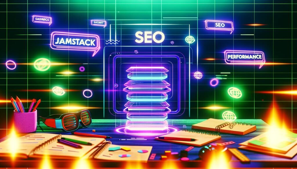 Futuristischer Schreibtisch mit digitalen Tools, Devices und holografischen Begriffen wie Jamstack, SSG, SEO und Performance, stilisierte Website-Screens im Hintergrund, Headless CMS-Icons, Code-Schnipsel und Checklisten.