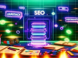 Futuristischer Schreibtisch mit digitalen Tools, Devices und holografischen Begriffen wie Jamstack, SSG, SEO und Performance, stilisierte Website-Screens im Hintergrund, Headless CMS-Icons, Code-Schnipsel und Checklisten.