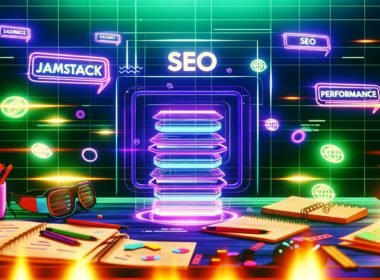 Futuristischer Schreibtisch mit digitalen Tools, Devices und holografischen Begriffen wie Jamstack, SSG, SEO und Performance, stilisierte Website-Screens im Hintergrund, Headless CMS-Icons, Code-Schnipsel und Checklisten.