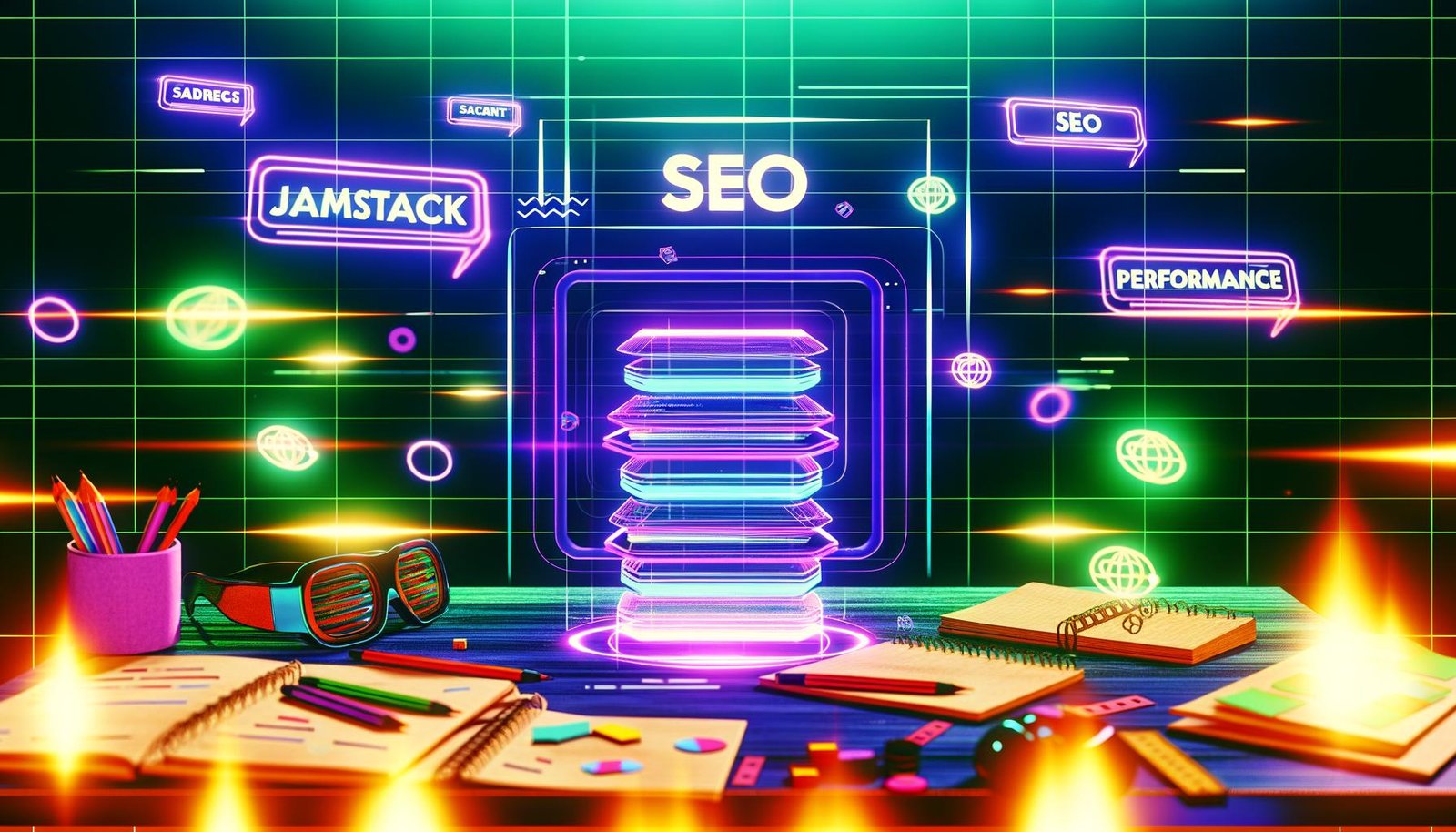 Futuristischer Schreibtisch mit digitalen Tools, Devices und holografischen Begriffen wie Jamstack, SSG, SEO und Performance, stilisierte Website-Screens im Hintergrund, Headless CMS-Icons, Code-Schnipsel und Checklisten.