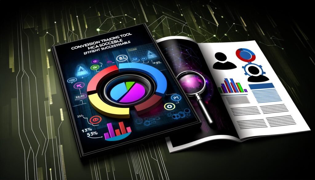 Modern gestaltetes Dashboard-Interface mit bunten Datenvisualisierungen, Conversion-Funnel, Klick-Button, Lupen-Icon und abstrahierten Elementen zu Tracking und Datenschutz.