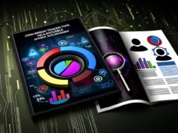 Modern gestaltetes Dashboard-Interface mit bunten Datenvisualisierungen, Conversion-Funnel, Klick-Button, Lupen-Icon und abstrahierten Elementen zu Tracking und Datenschutz.