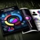Modern gestaltetes Dashboard-Interface mit bunten Datenvisualisierungen, Conversion-Funnel, Klick-Button, Lupen-Icon und abstrahierten Elementen zu Tracking und Datenschutz.