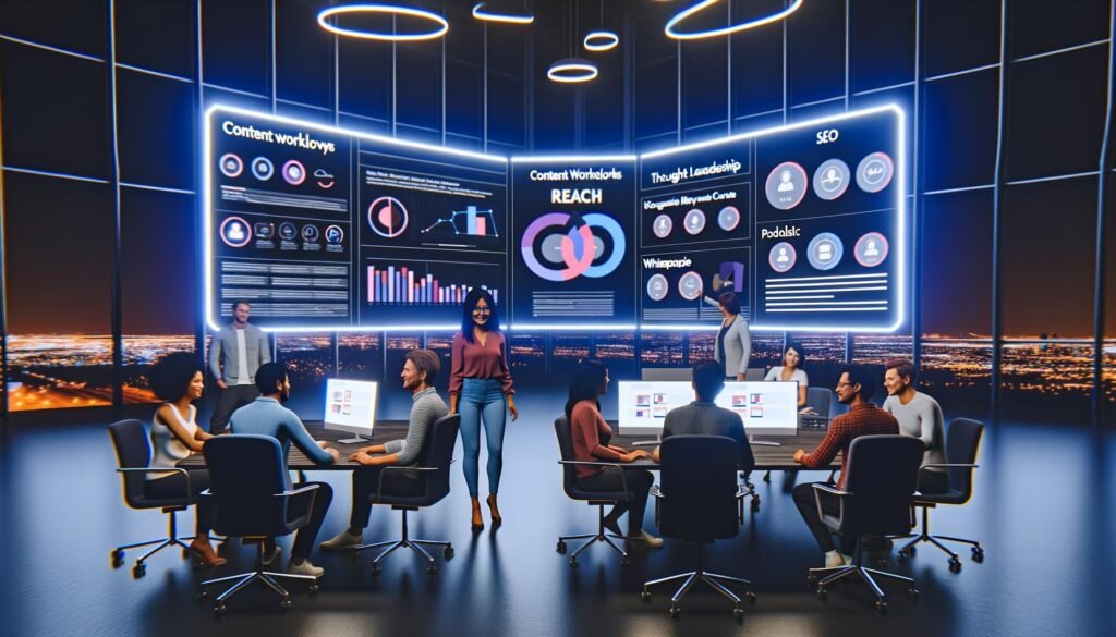 Digitales Control Center bei Nacht mit diversen Expertenteam, großen holografischen Dashboards für Content-Workflows, Keyword-Charts, Reichweiten- und SEO-Analytik sowie Thought Leadership Plattform im Hintergrund.