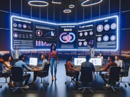 Digitales Control Center bei Nacht mit diversen Expertenteam, großen holografischen Dashboards für Content-Workflows, Keyword-Charts, Reichweiten- und SEO-Analytik sowie Thought Leadership Plattform im Hintergrund.