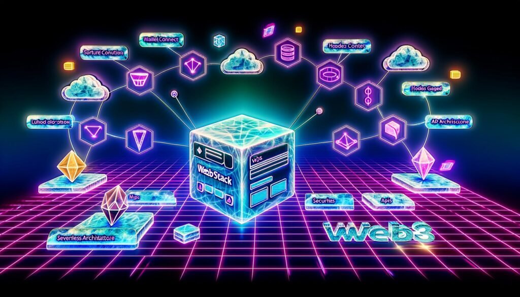 Futuristische Darstellung einer Webseite mit Wallet-Connect-Button, Token-Gated-Content und umliegenden Blockchain-, IPFS-, API- und Serverless-Icons, unterlegt mit holografischen Datenströmen und Sicherheitsmustern in Neonfarben.