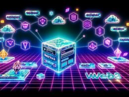 Futuristische Darstellung einer Webseite mit Wallet-Connect-Button, Token-Gated-Content und umliegenden Blockchain-, IPFS-, API- und Serverless-Icons, unterlegt mit holografischen Datenströmen und Sicherheitsmustern in Neonfarben.