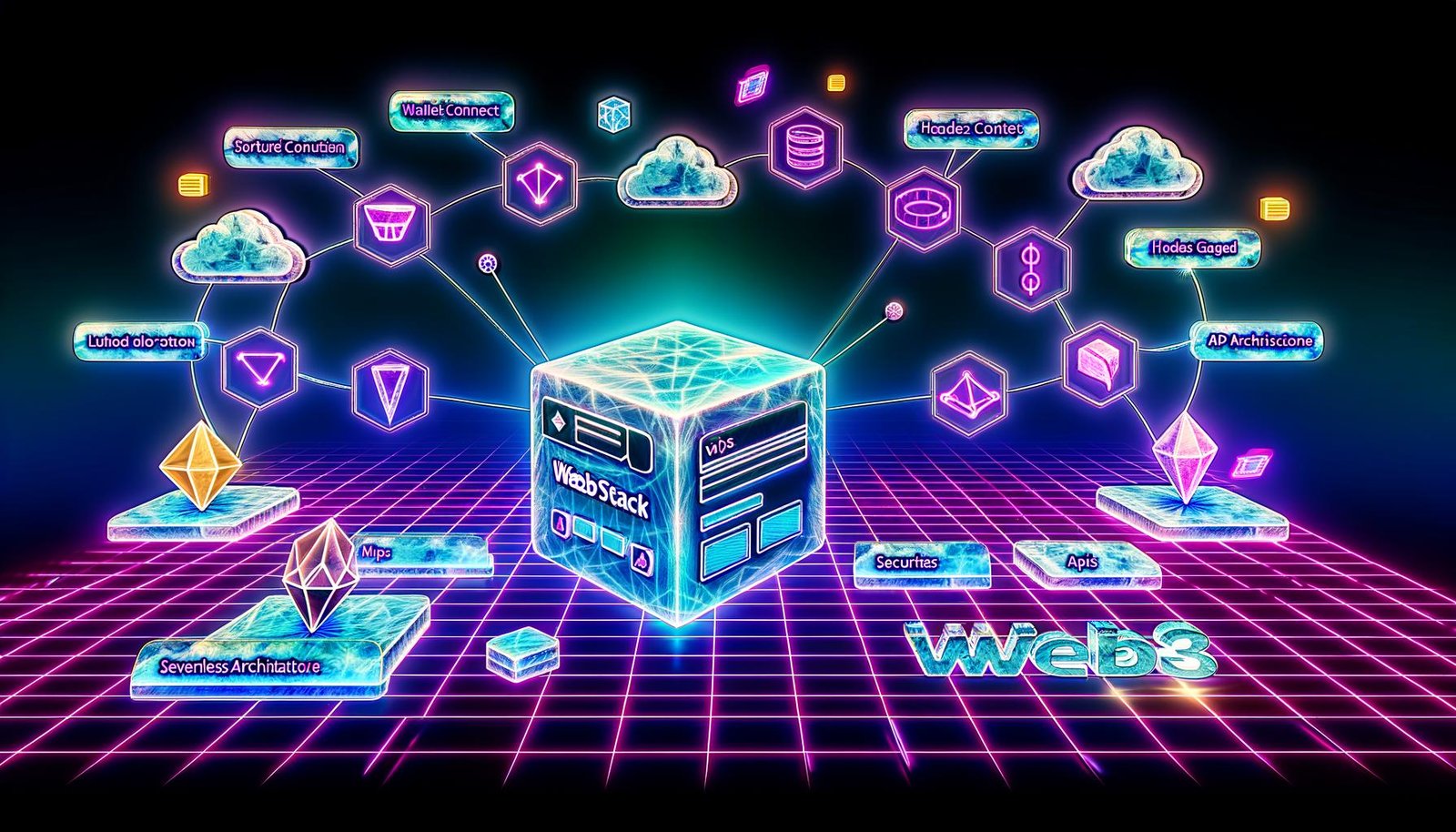 Futuristische Darstellung einer Webseite mit Wallet-Connect-Button, Token-Gated-Content und umliegenden Blockchain-, IPFS-, API- und Serverless-Icons, unterlegt mit holografischen Datenströmen und Sicherheitsmustern in Neonfarben.