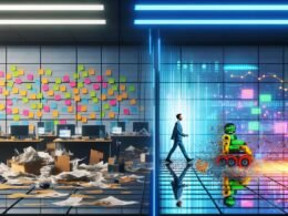 Moderne Marketingabteilung mit links gestressten Menschen zwischen Papier, Excel und Post-Its, rechts effiziente Roboterarme und digitale Dashboards, eine Person läuft entschlossen dazwischen.