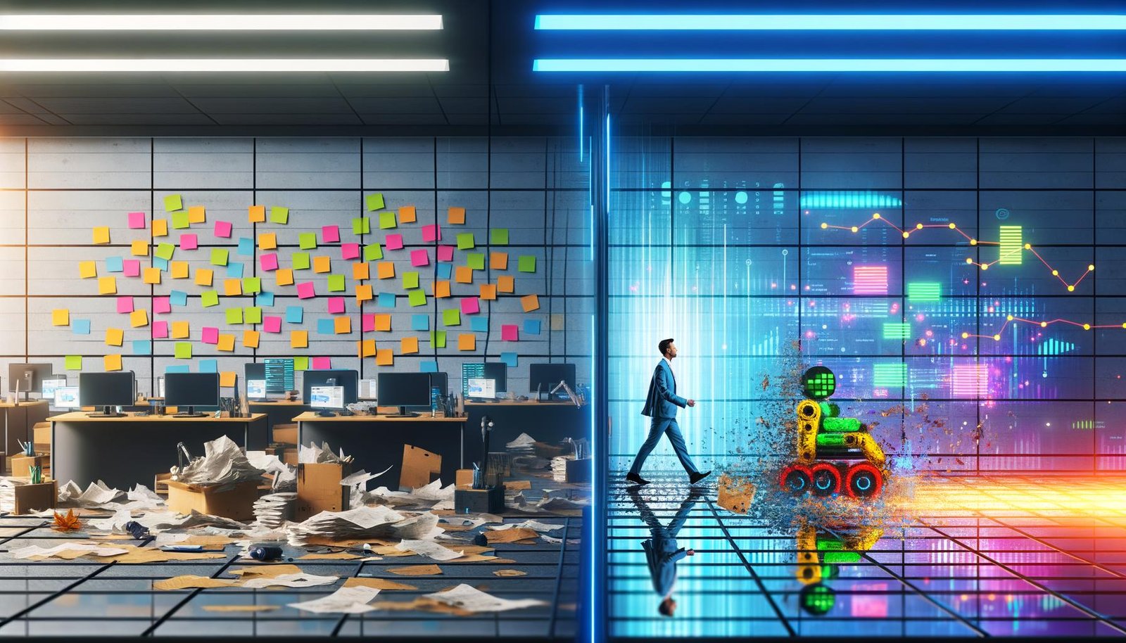 Moderne Marketingabteilung mit links gestressten Menschen zwischen Papier, Excel und Post-Its, rechts effiziente Roboterarme und digitale Dashboards, eine Person läuft entschlossen dazwischen.