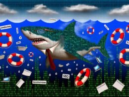 Ein Hai mit Krawatte und Brille schwimmt selbstbewusst durch einen Ozean aus Binärcode und Social-Media-Symbolen, während langweilige Excel-Rettungsringe und Buzzword-Slogans im Wasser treiben.