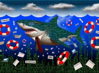 Ein Hai mit Krawatte und Brille schwimmt selbstbewusst durch einen Ozean aus Binärcode und Social-Media-Symbolen, während langweilige Excel-Rettungsringe und Buzzword-Slogans im Wasser treiben.