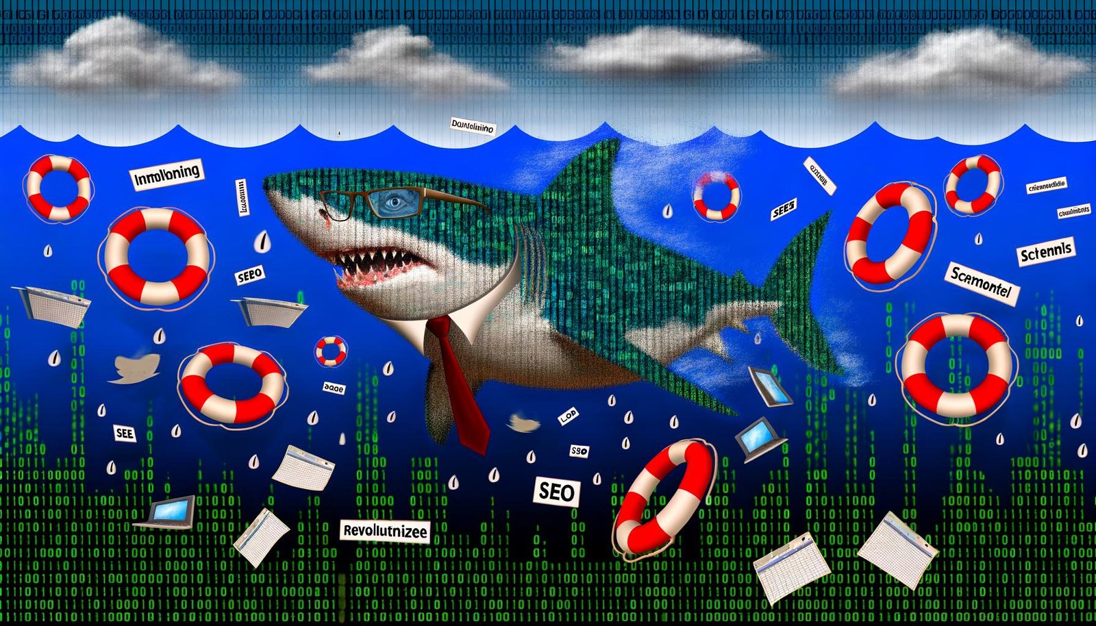 Ein Hai mit Krawatte und Brille schwimmt selbstbewusst durch einen Ozean aus Binärcode und Social-Media-Symbolen, während langweilige Excel-Rettungsringe und Buzzword-Slogans im Wasser treiben.