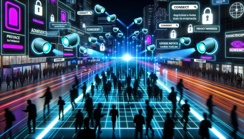Nachtaufnahme einer futuristischen Stadt mit holografischen Überwachungskameras, leuchtenden Datenströmen, Smartphones und digitalen Consent-Bannern inmitten einer Menschenmenge.