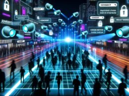 Nachtaufnahme einer futuristischen Stadt mit holografischen Überwachungskameras, leuchtenden Datenströmen, Smartphones und digitalen Consent-Bannern inmitten einer Menschenmenge.