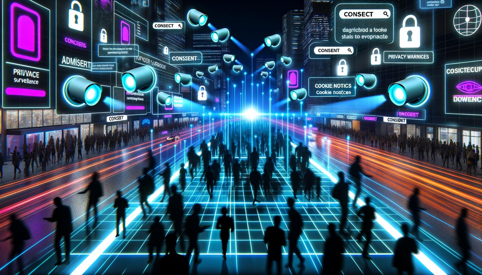 Nachtaufnahme einer futuristischen Stadt mit holografischen Überwachungskameras, leuchtenden Datenströmen, Smartphones und digitalen Consent-Bannern inmitten einer Menschenmenge.