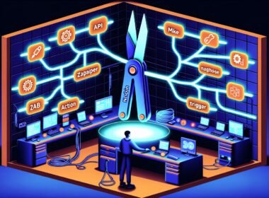 Vielschichtige Illustrationen von Notion-Automatisierungsworkflows, Werkzeugen wie Zapier, Make und n8n, einer kreativen Step-by-Step-Prozessgrafik sowie einem kontrastreichen Vergleich chaotischer und automatisierter Workflows.