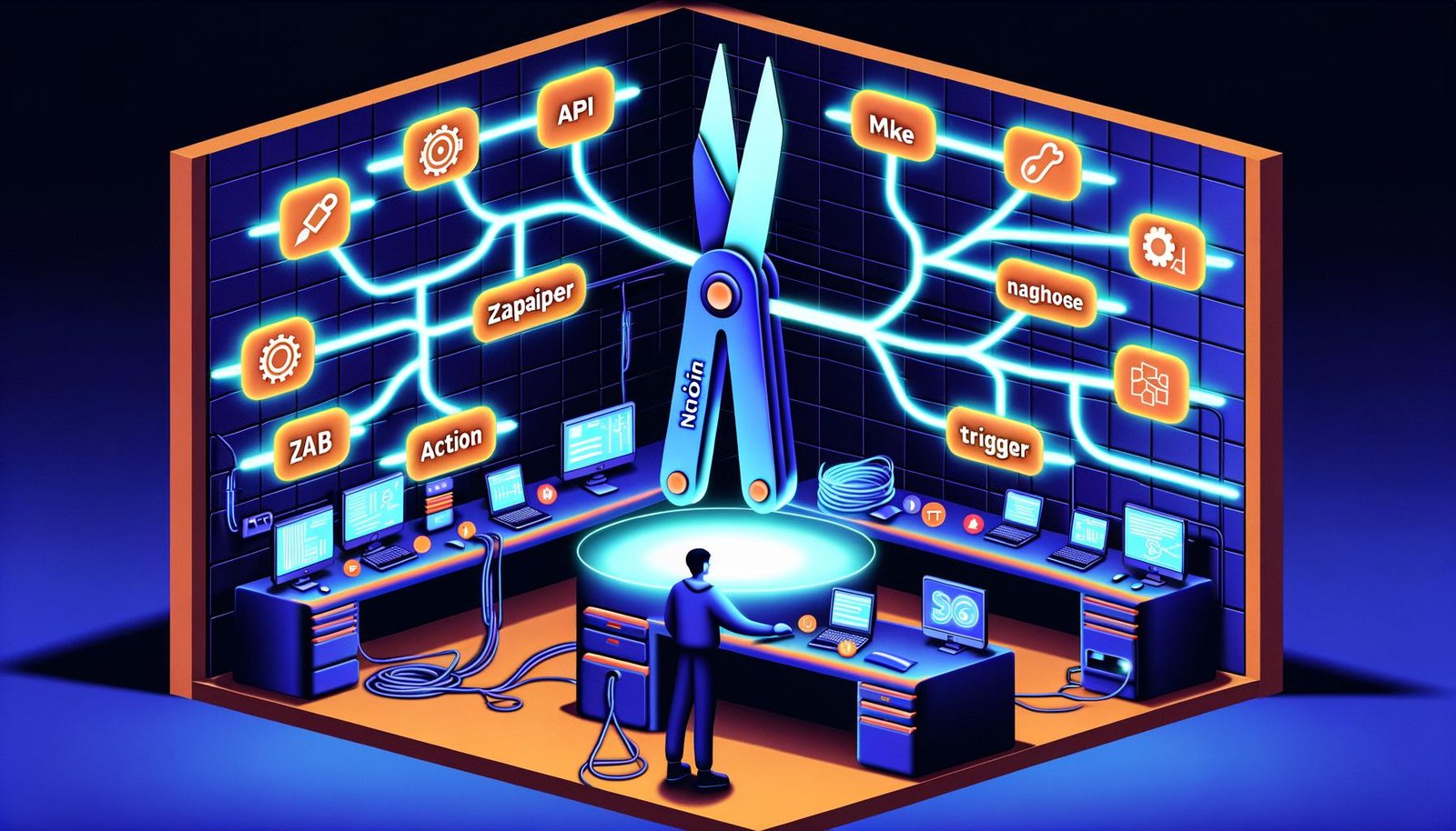 Vielschichtige Illustrationen von Notion-Automatisierungsworkflows, Werkzeugen wie Zapier, Make und n8n, einer kreativen Step-by-Step-Prozessgrafik sowie einem kontrastreichen Vergleich chaotischer und automatisierter Workflows.