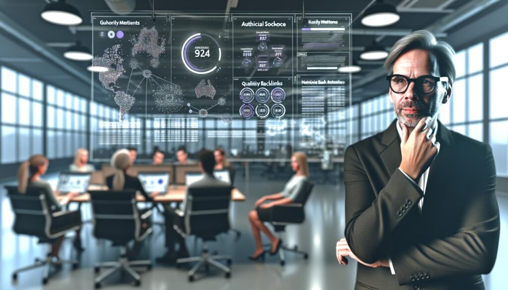 Fachkraft analysiert komplexes Dashboard mit relevanten KPIs in einem modernen, offenen Büro; Kollegen arbeiten an Monitoren mit Daten und Analyse-Tools.