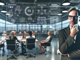 Fachkraft analysiert komplexes Dashboard mit relevanten KPIs in einem modernen, offenen Büro; Kollegen arbeiten an Monitoren mit Daten und Analyse-Tools.
