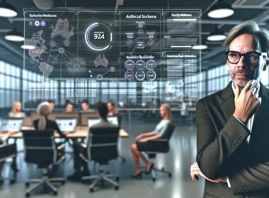 Fachkraft analysiert komplexes Dashboard mit relevanten KPIs in einem modernen, offenen Büro; Kollegen arbeiten an Monitoren mit Daten und Analyse-Tools.