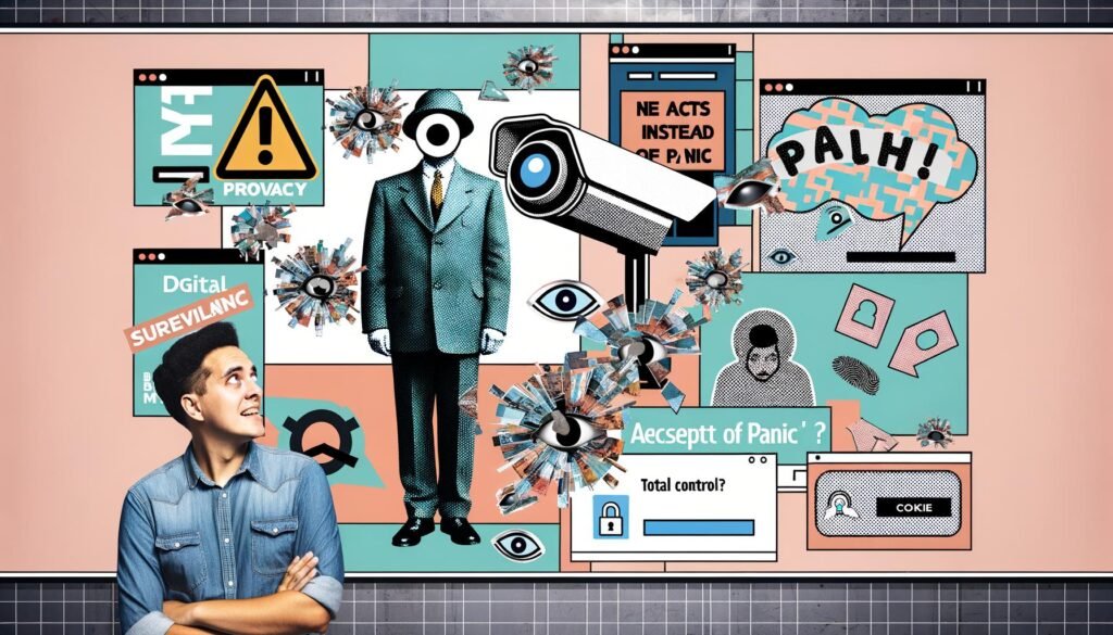 Magazinartige Collage: Vintage-Big-Brother mit Kamerakopf, zerbrochene Scheiben, auffällige Cookie-Banner, blockierte Tracking-Symbole, mythierende Schriftzüge und eine entspannte Person beim Klicken auf Zustimmen/Ablehnen-Button.