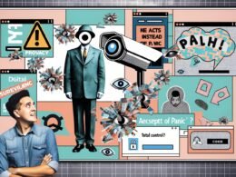 Magazinartige Collage: Vintage-Big-Brother mit Kamerakopf, zerbrochene Scheiben, auffällige Cookie-Banner, blockierte Tracking-Symbole, mythierende Schriftzüge und eine entspannte Person beim Klicken auf Zustimmen/Ablehnen-Button.