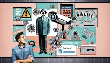 Magazinartige Collage: Vintage-Big-Brother mit Kamerakopf, zerbrochene Scheiben, auffällige Cookie-Banner, blockierte Tracking-Symbole, mythierende Schriftzüge und eine entspannte Person beim Klicken auf Zustimmen/Ablehnen-Button.