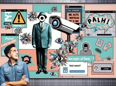 Magazinartige Collage: Vintage-Big-Brother mit Kamerakopf, zerbrochene Scheiben, auffällige Cookie-Banner, blockierte Tracking-Symbole, mythierende Schriftzüge und eine entspannte Person beim Klicken auf Zustimmen/Ablehnen-Button.