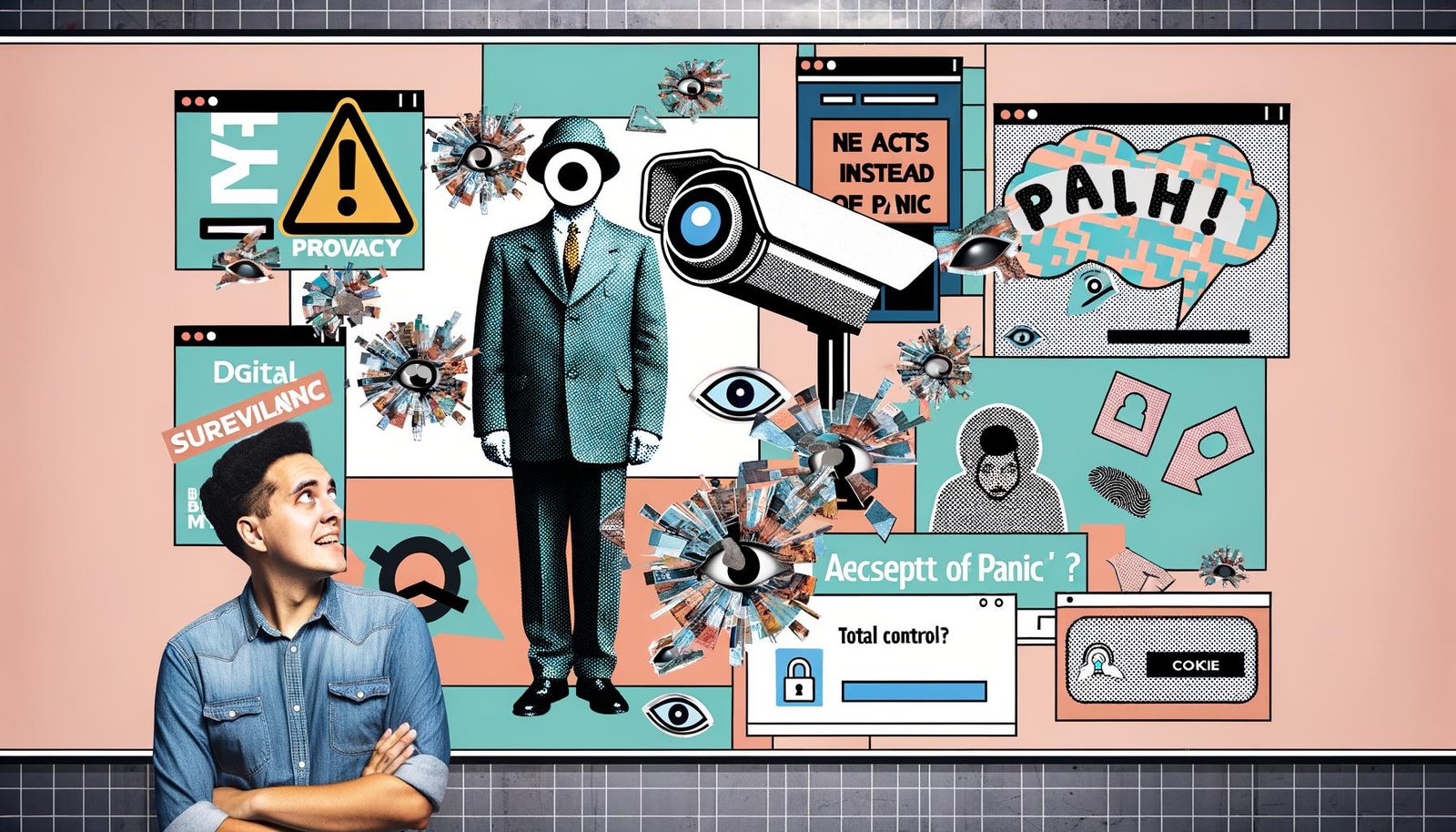 Magazinartige Collage: Vintage-Big-Brother mit Kamerakopf, zerbrochene Scheiben, auffällige Cookie-Banner, blockierte Tracking-Symbole, mythierende Schriftzüge und eine entspannte Person beim Klicken auf Zustimmen/Ablehnen-Button.