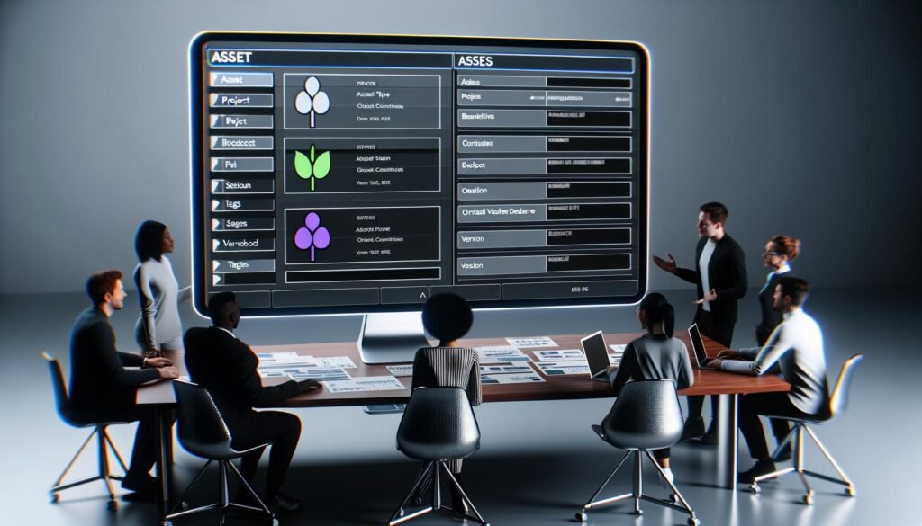 Moderner Arbeitsplatz mit Computer, auf dem ein geordnetes Notion-Interface mit Asset-Datenbank zu sehen ist, umgeben von kreativen Fachleuten und übersichtlichen Arbeitsmaterialien.