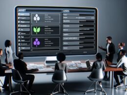 Moderner Arbeitsplatz mit Computer, auf dem ein geordnetes Notion-Interface mit Asset-Datenbank zu sehen ist, umgeben von kreativen Fachleuten und übersichtlichen Arbeitsmaterialien.