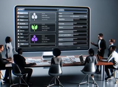 Moderner Arbeitsplatz mit Computer, auf dem ein geordnetes Notion-Interface mit Asset-Datenbank zu sehen ist, umgeben von kreativen Fachleuten und übersichtlichen Arbeitsmaterialien.