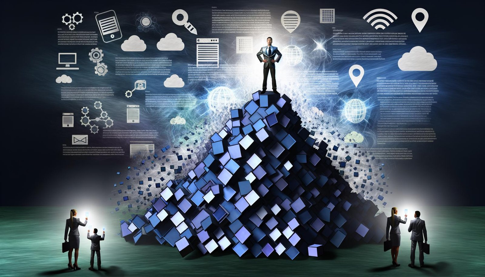 Geschäftsprofi auf einem Gipfel aus digitalen Content-Blocks, umgeben von generischen Inhalten und Technologie-Symbolen, im modernen Editorial-Stil.