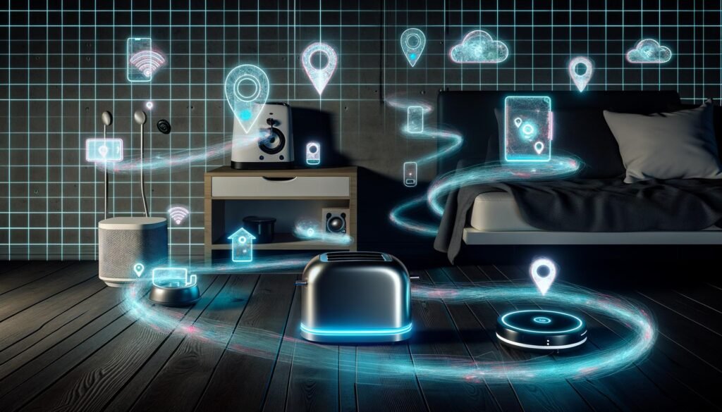 Modernes Smart Home mit Alltagstechnik und visualisierten Datenströmen, die das Sammeln digitaler Informationen symbolisieren