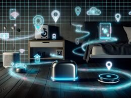 Modernes Smart Home mit Alltagstechnik und visualisierten Datenströmen, die das Sammeln digitaler Informationen symbolisieren