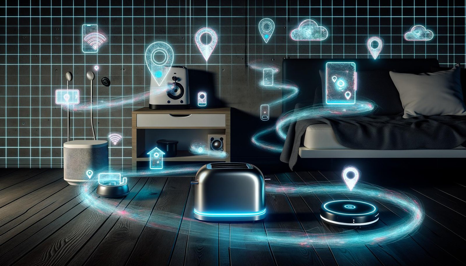 Modernes Smart Home mit Alltagstechnik und visualisierten Datenströmen, die das Sammeln digitaler Informationen symbolisieren